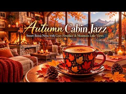 ⁣Charming Autumn Cabin Jazz ☕🍂 Sweet Bossa Nova with Cozy Fireplace & Mountain Lake Views