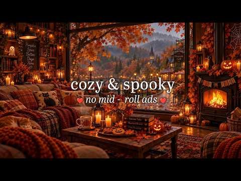 ⁣(NO MID-ROLL ADS) Cozy Rainy & Spooky Halloween 🍂 Fall Jazz, Pumpkin-Kissed Streets & Fireplace Glow